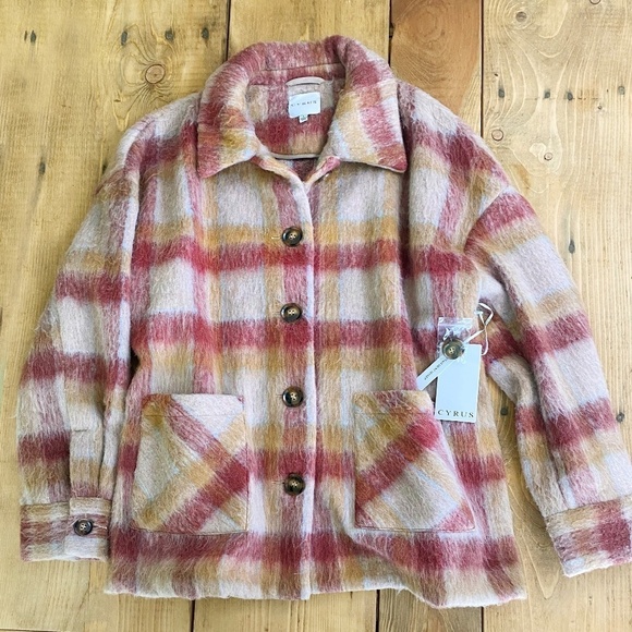 Cyrus Brushed Plaid Button Jacket Shacket Camel Burgundy NWT Statement Maker - Picture 1 of 9
